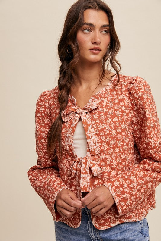 Solei Floral Print Front Tie Quilted Jacket