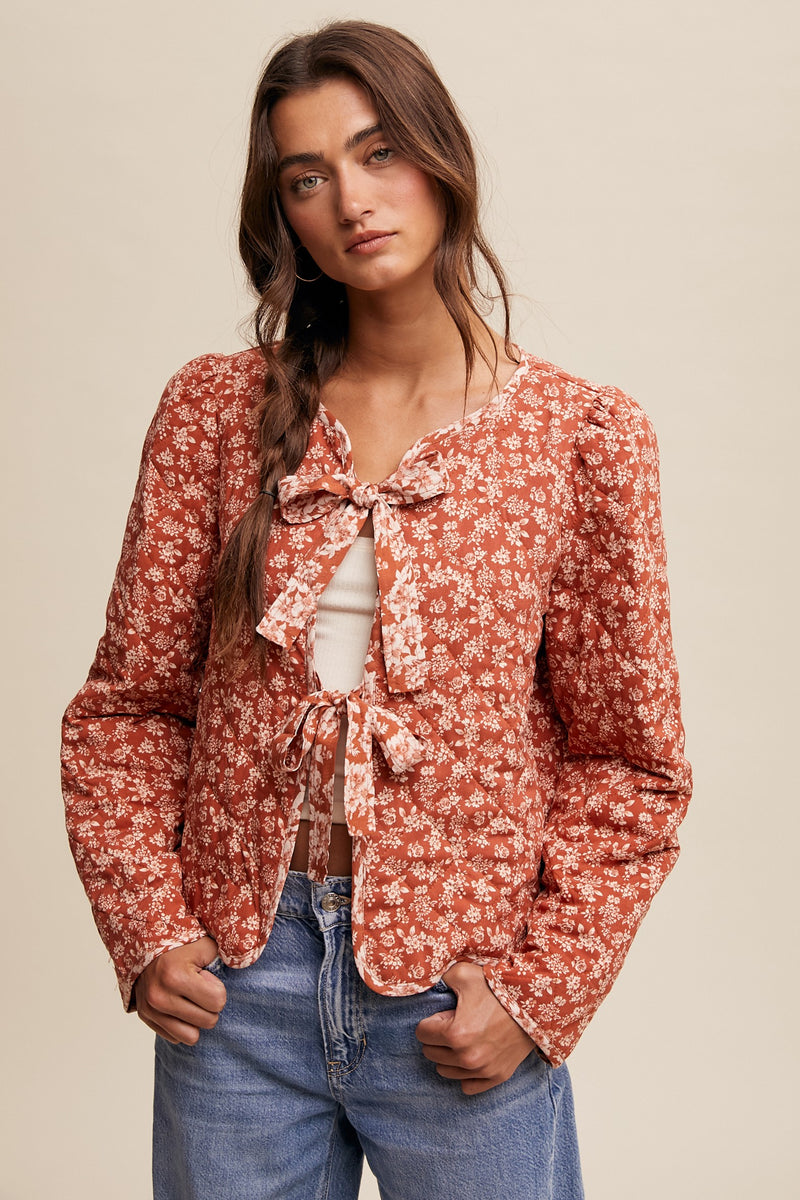 Solei Floral Print Front Tie Quilted Jacket