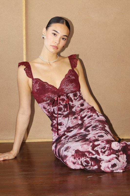Bailey Wine Color Floral Mesh Lace Top Dress