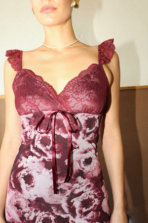 Bailey Wine Color Floral Mesh Lace Top Dress