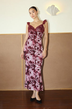 Bailey Wine Color Floral Mesh Lace Top Dress