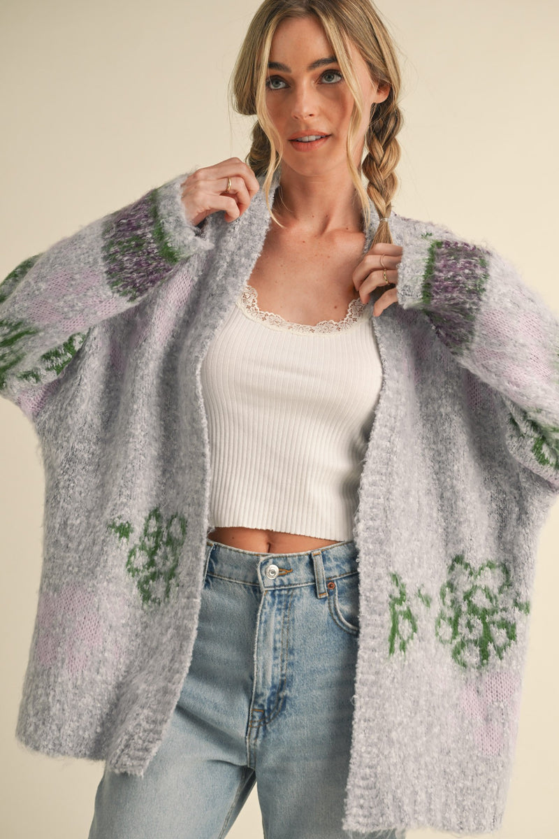 Mallory Oversized Fuzzy Floral Cardigan in Lavender Green