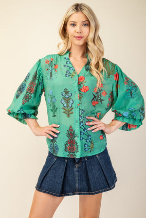 Julie Short Sleeve Floral Blouse in Green