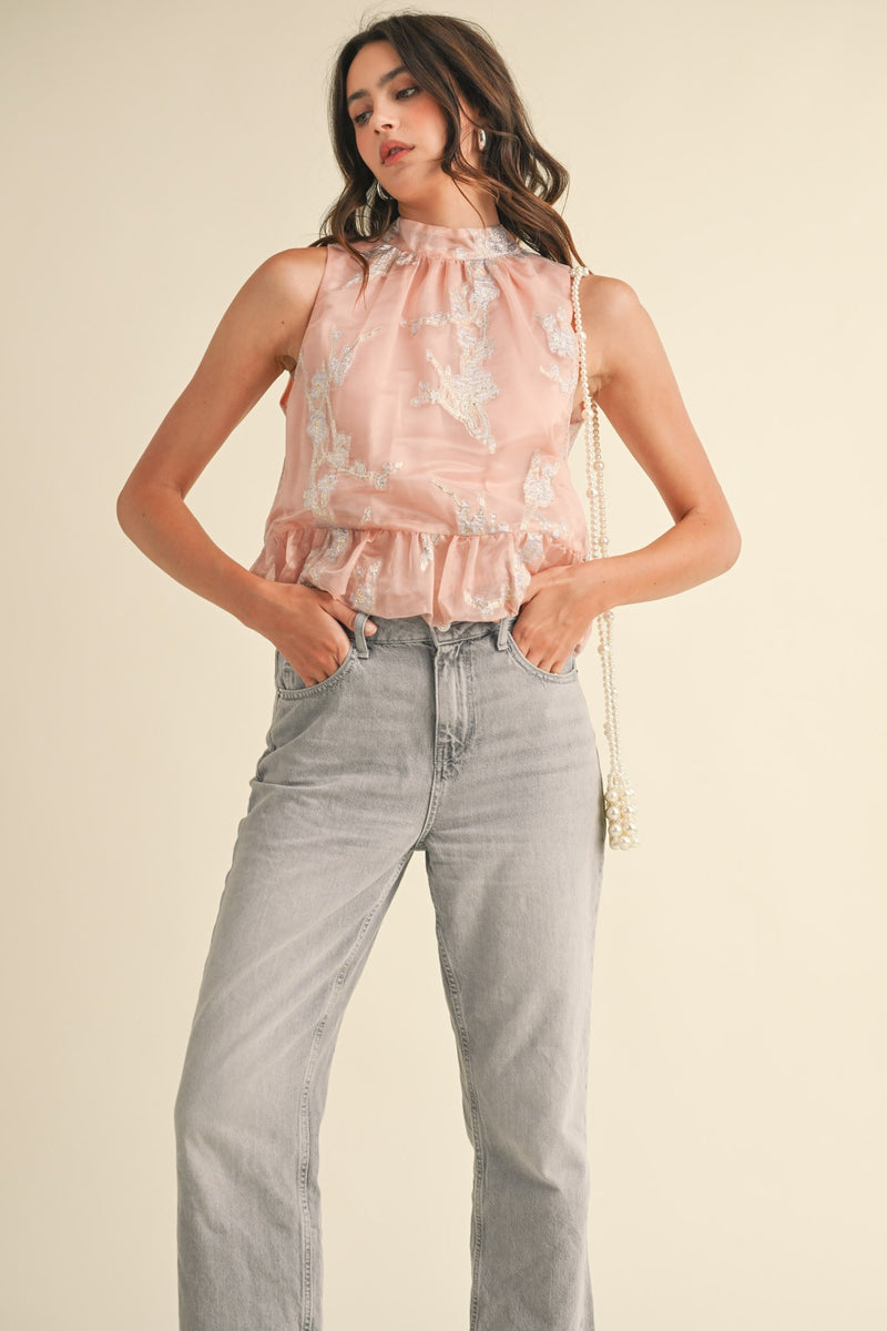 Nina Metallic Floral Jacquard Bubble Hem Top
