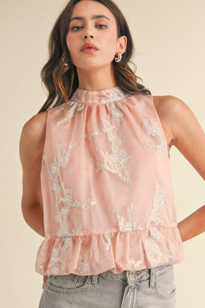 Nina Metallic Floral Jacquard Bubble Hem Top