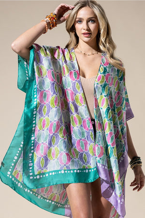 Two Tone Trim Abstract Print Silky Kimono