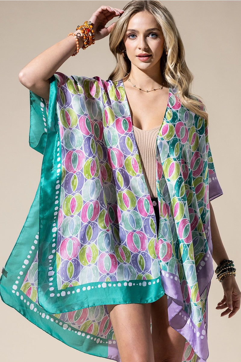 Two Tone Trim Abstract Print Silky Kimono