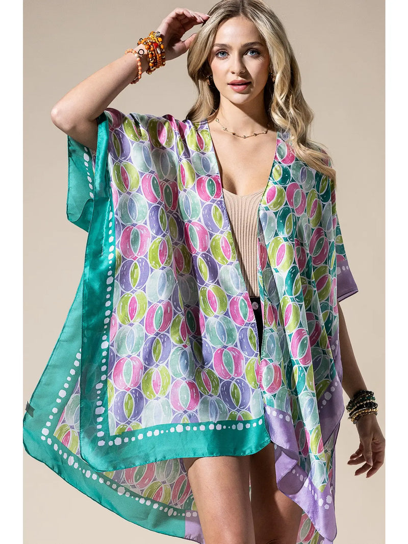 Two Tone Trim Abstract Print Silky Kimono