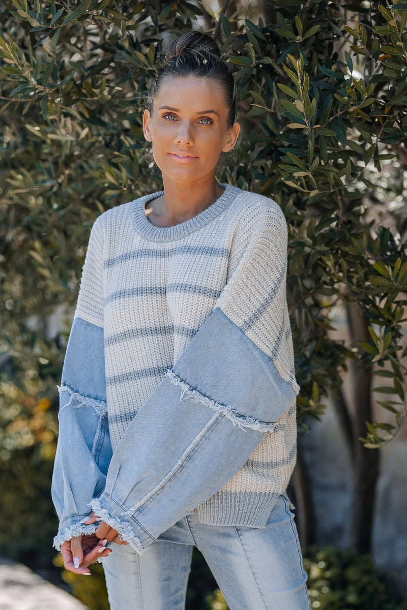 Chandra Stripe Multi Texture Sweater Top With Denim Sleeves