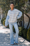 Chandra Stripe Multi Texture Sweater Top With Denim Sleeves