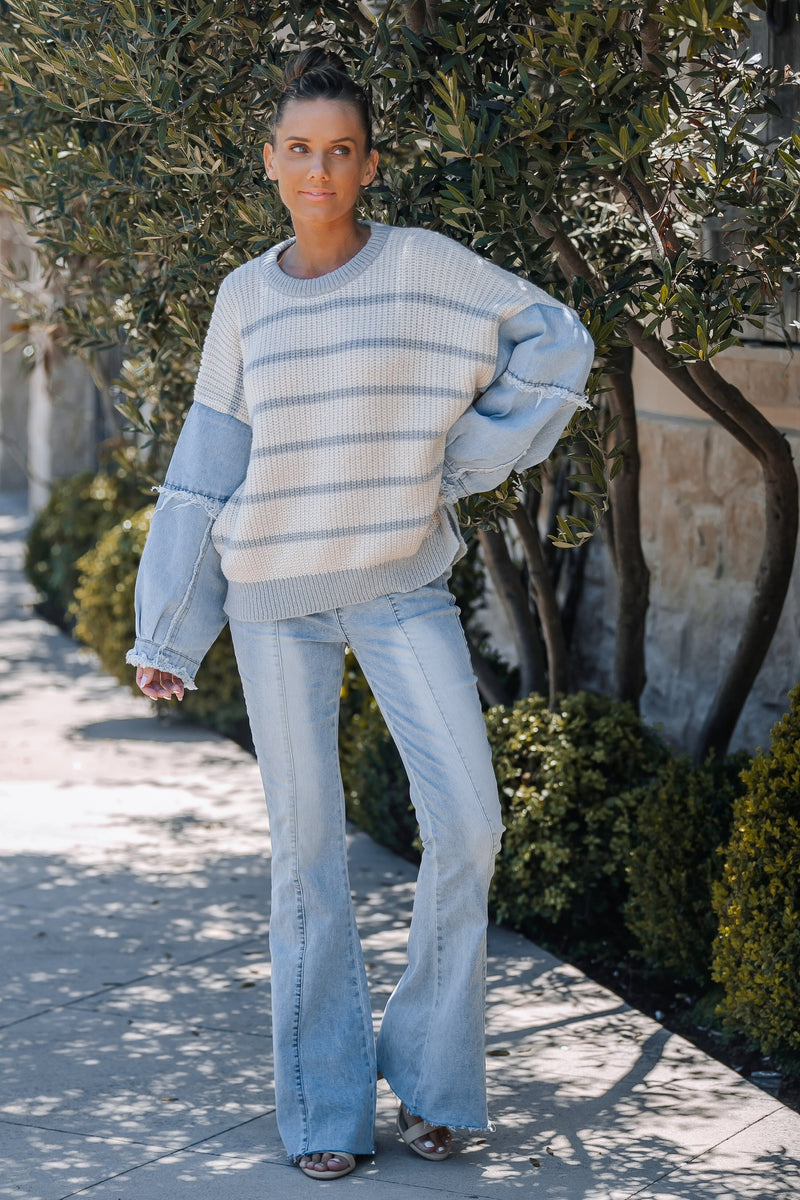 Chandra Stripe Multi Texture Sweater Top With Denim Sleeves