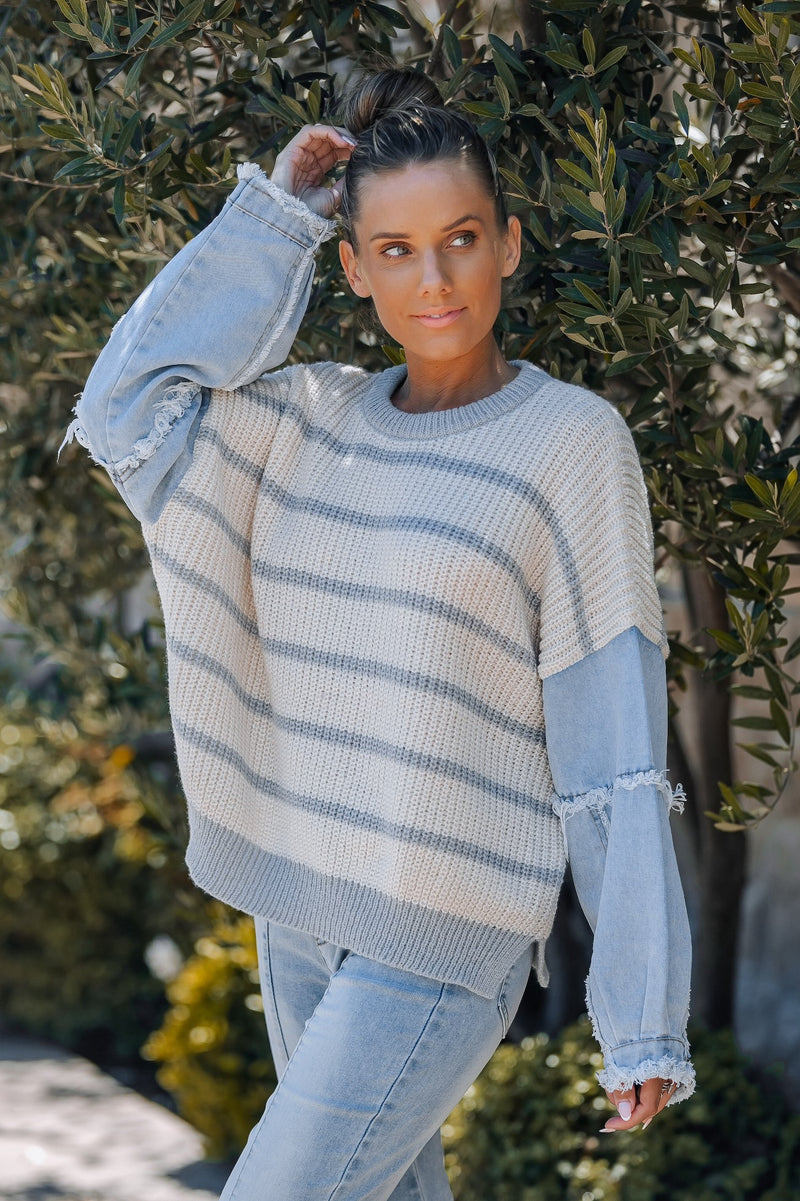 Chandra Stripe Multi Texture Sweater Top With Denim Sleeves