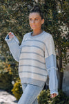 Chandra Stripe Multi Texture Sweater Top With Denim Sleeves