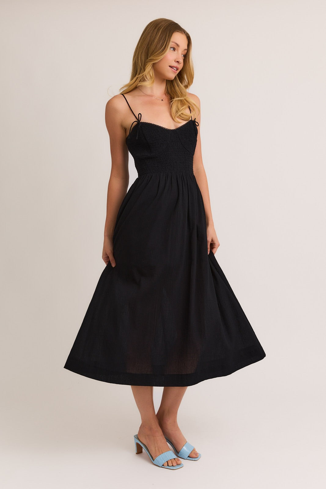 knee length dresses for ladies Sadie Smocked Top Black Midi Dress by Le Lis Xs