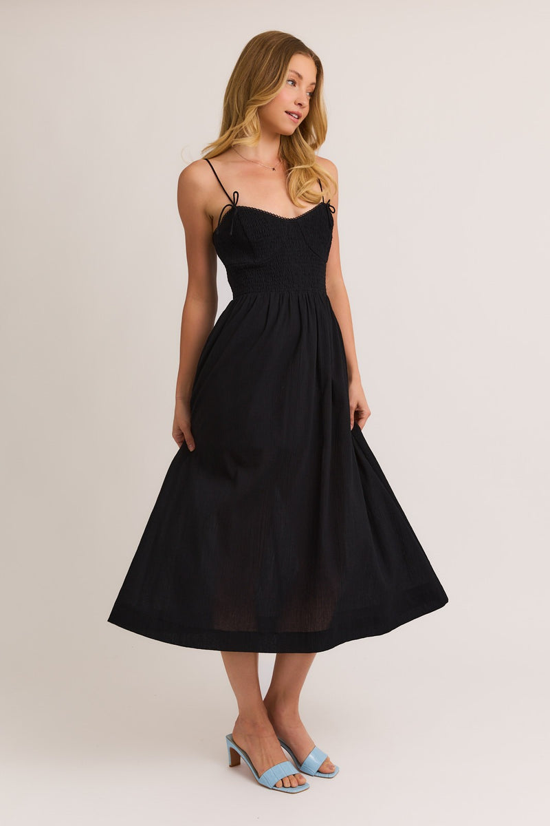 smocked black midi dress Krysta Smocked Midi Dress
