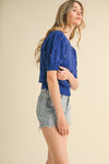 Pattie Pointelle Knit Sweater With Floral Embroidery in Electric Blue