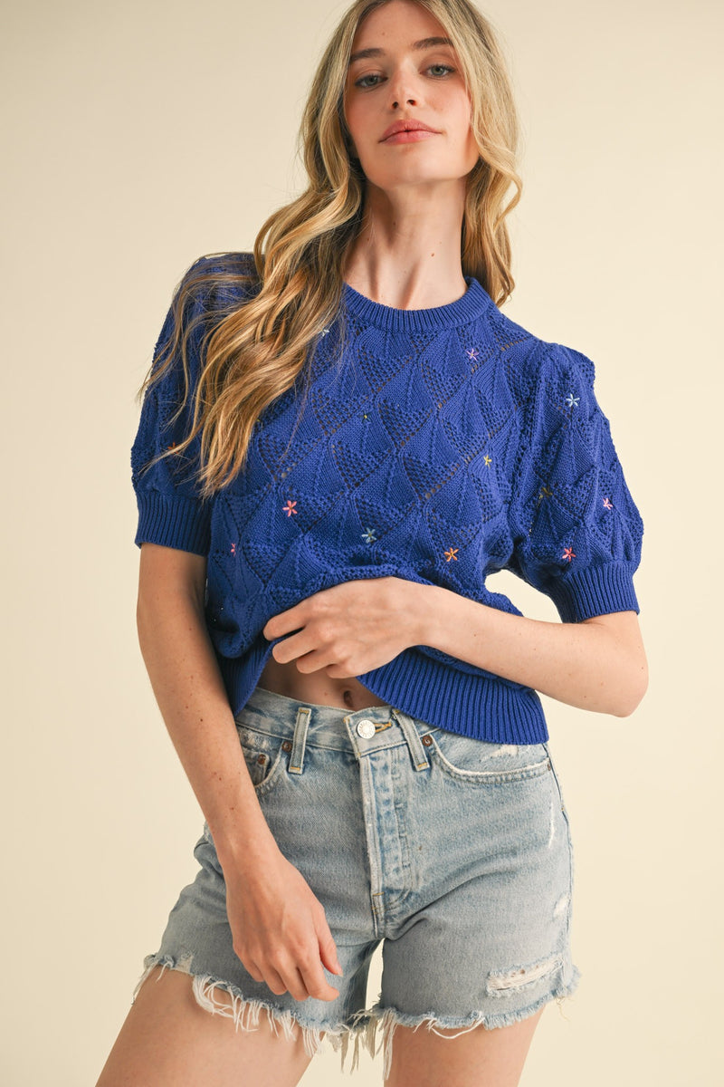 Pattie Pointelle Knit Sweater With Floral Embroidery in Electric Blue