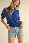 Pattie Pointelle Knit Sweater With Floral Embroidery in Electric Blue