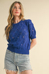 Pattie Pointelle Knit Sweater With Floral Embroidery in Electric Blue