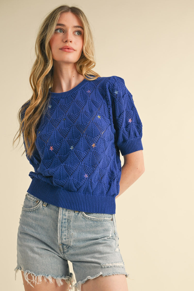 Pattie Pointelle Knit Sweater With Floral Embroidery in Electric Blue