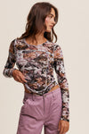 Yoli Floral Print Mesh Fitted Long Sleeve Top