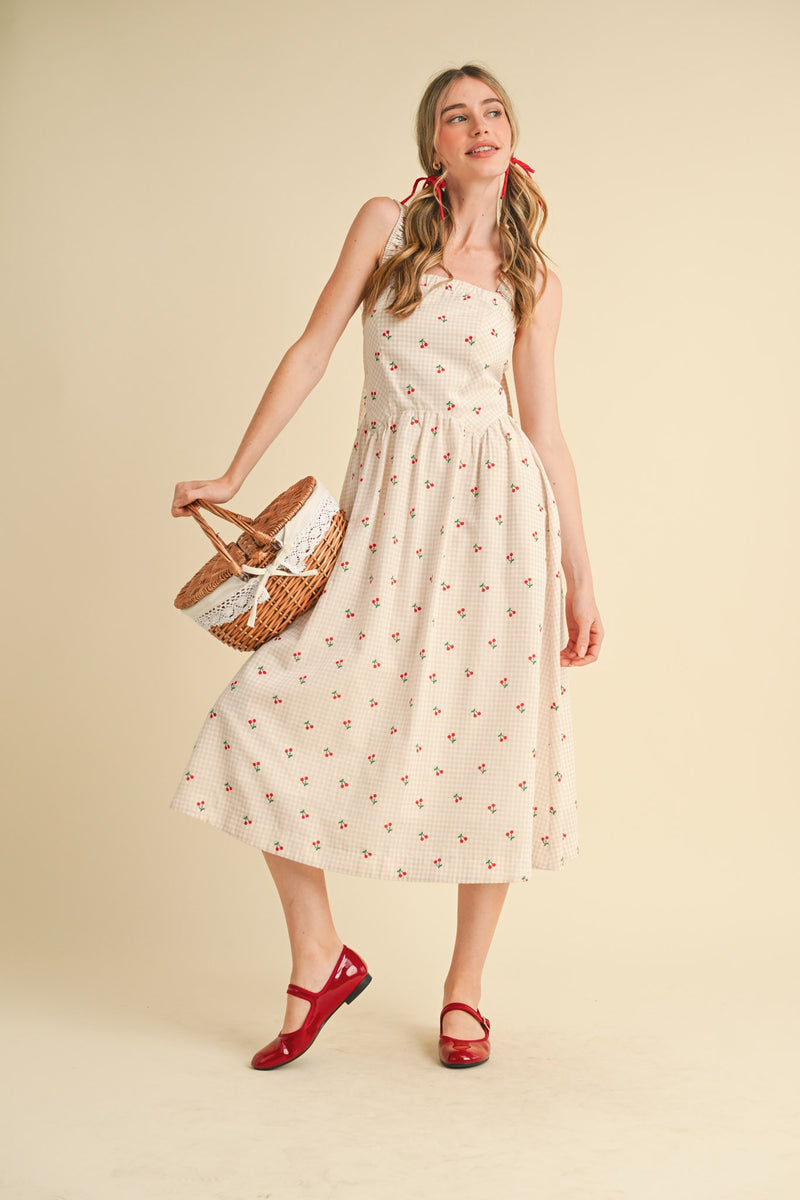 Caroline Cherry Gingham Midi Dress
