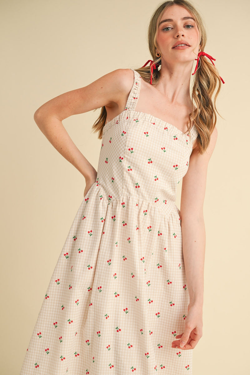 Caroline Cherry Gingham Midi Dress