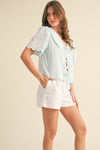 Lydia Tie Front Collared Lace Top in Light Blue