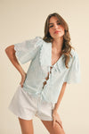 Lydia Tie Front Collared Lace Top in Light Blue