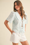 Lydia Tie Front Collared Lace Top in Light Blue