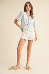 Lydia Tie Front Collared Lace Top in Light Blue