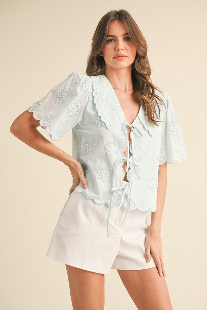 Lydia Tie Front Collared Lace Top in Light Blue