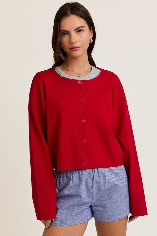 Melissa Round Neck Button Cardigan in Red