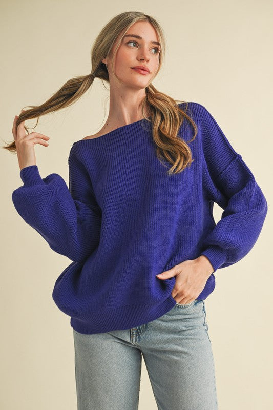 Tara Boat Neck Bubble Sleeve Sweater in Crown Blue