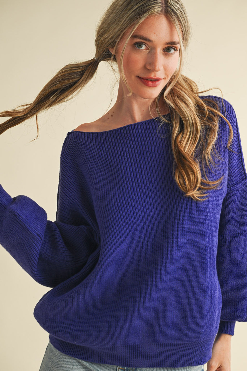 Tara Boat Neck Bubble Sleeve Sweater in Crown Blue