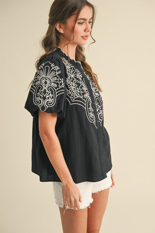 Cheyenne Embroidered Button Down Bubble Sleeve Top