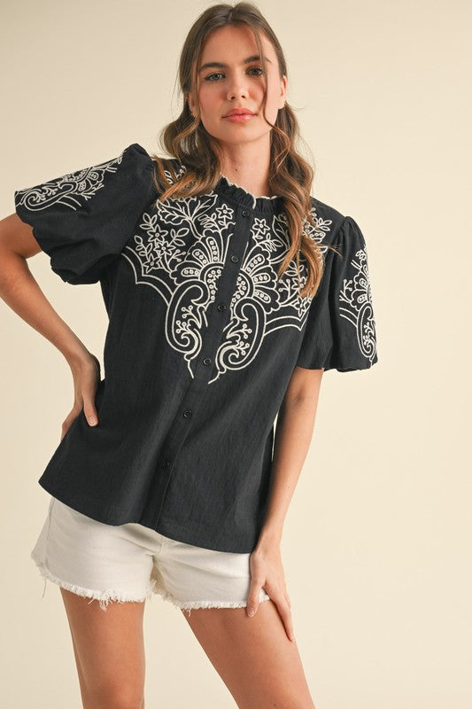 Cheyenne Embroidered Button Down Bubble Sleeve Top