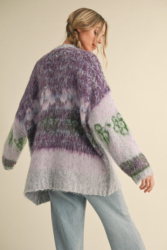 Mallory Oversized Fuzzy Floral Cardigan in Lavender Green