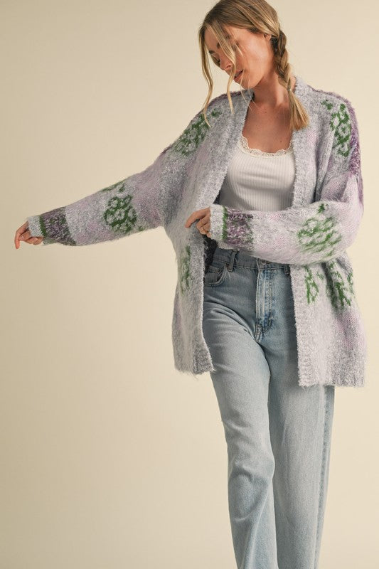 Mallory Oversized Fuzzy Floral Cardigan in Lavender Green