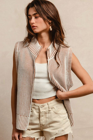 Lottie Two Tone Stripe Sweater Zip Up Vest Top