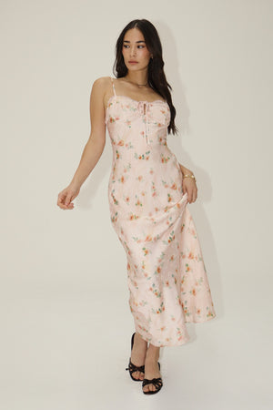 Satin Floral Maxi Dress With Front Tie Detail by Bailey Rose