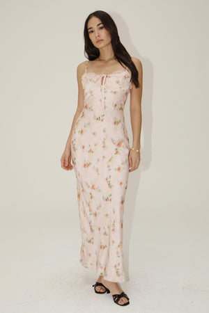 Satin Floral Maxi Dress With Front Tie Detail by Bailey Rose