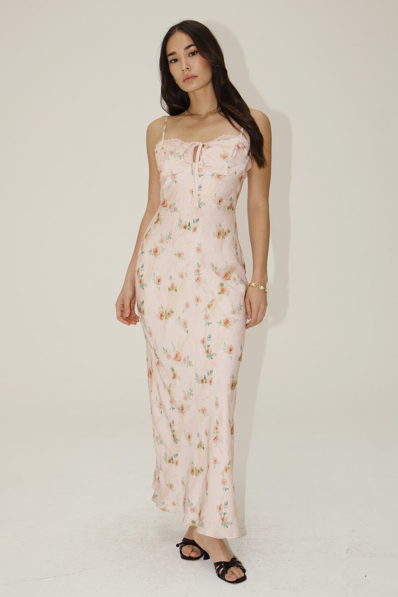 Satin Floral Maxi Dress With Front Tie Detail by Bailey Rose Large Satin Floral Maxi Dress With Front Tie Detail by Bailey Rose Large