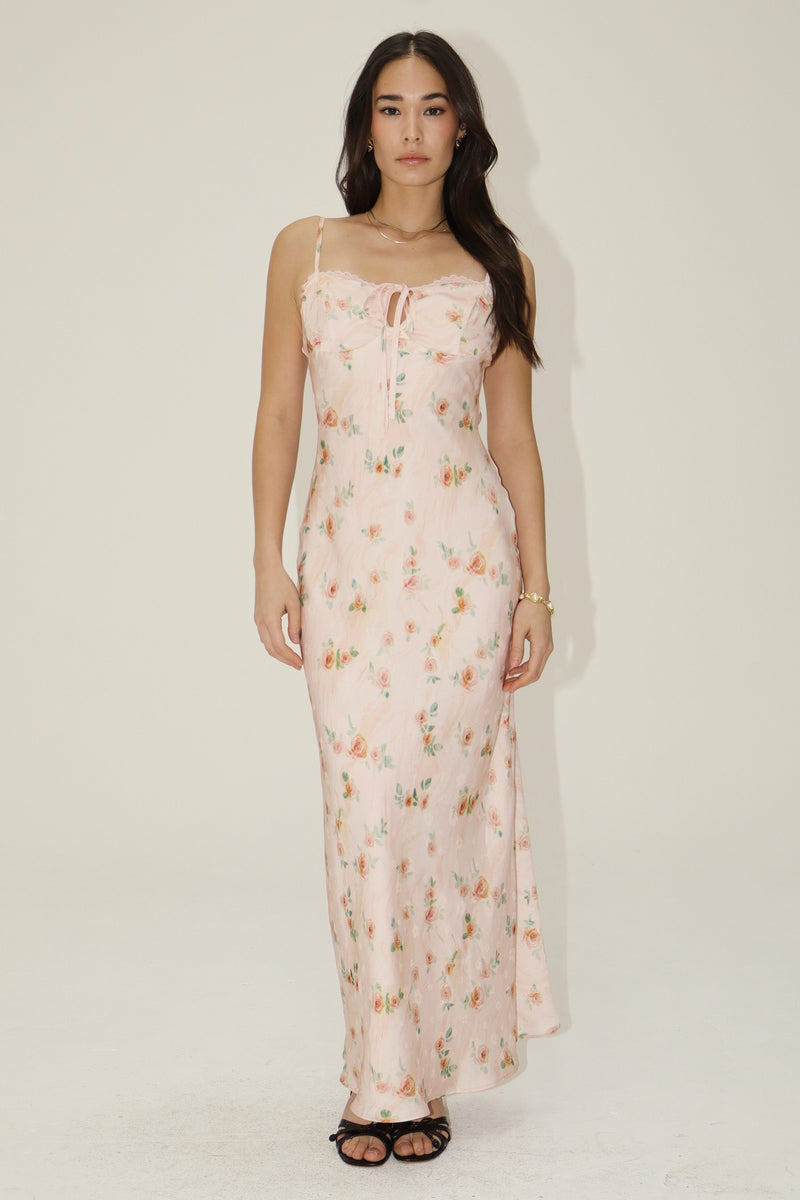 Satin Floral Maxi Dress With Front Tie Detail by Bailey Rose Polka Dots Boutique Satin Floral Maxi Dress With Front Tie Detail by Bailey Rose Polka Dots Boutique