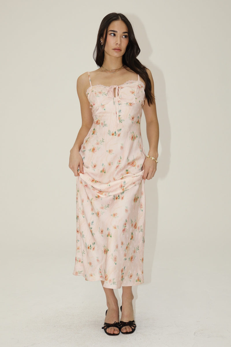 Satin Floral Maxi Dress With Front Tie Detail by Bailey Rose Large Satin Floral Maxi Dress With Front Tie Detail by Bailey Rose Large