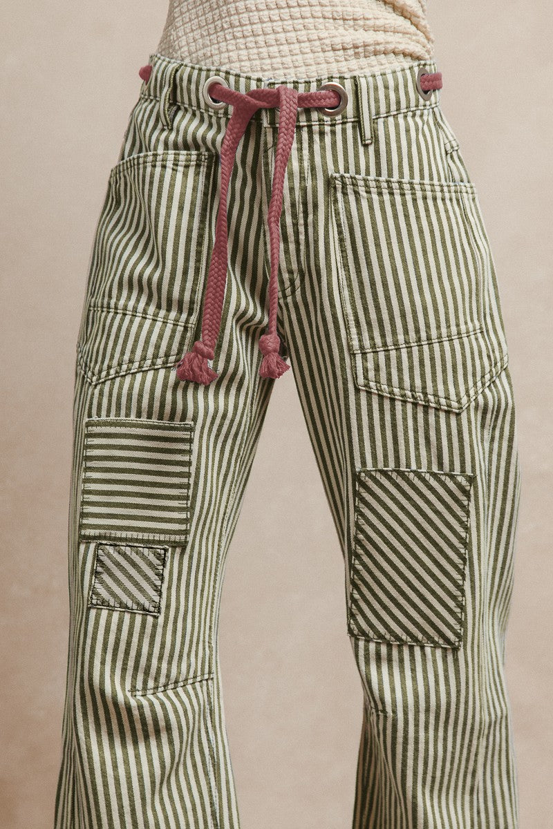 Gina Striped Cotton Twill Barrel Pants in Olive