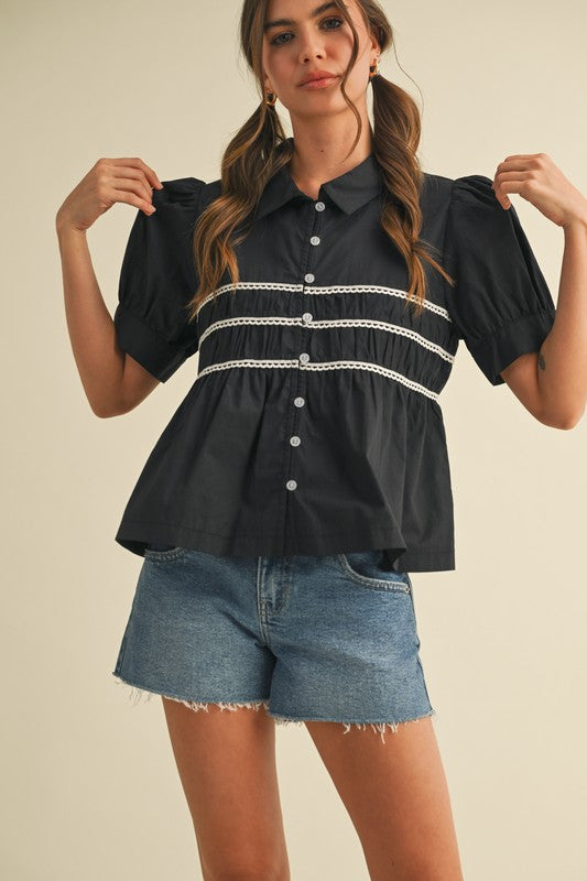 Marcie Button Down Lace Trim Top