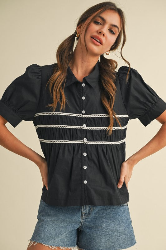 Marcie Button Down Lace Trim Top