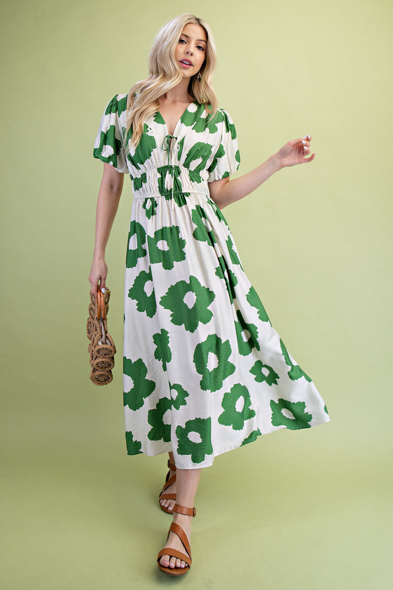 Meryl Green Floral V-Neck Midi Dress