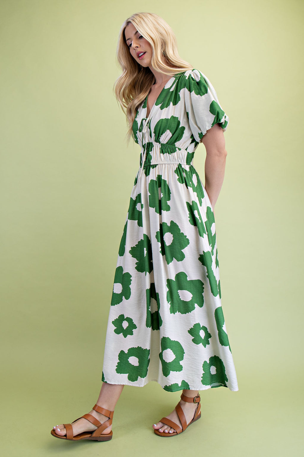 Meryl Green Floral V-Neck Midi Dress